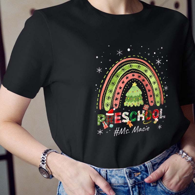 Personalized Christmas Rainbow Teacher T-Shirt