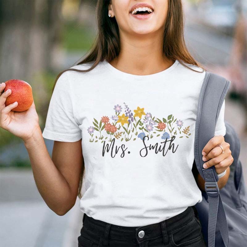Personalized Name Floral Teacher T-Shirt