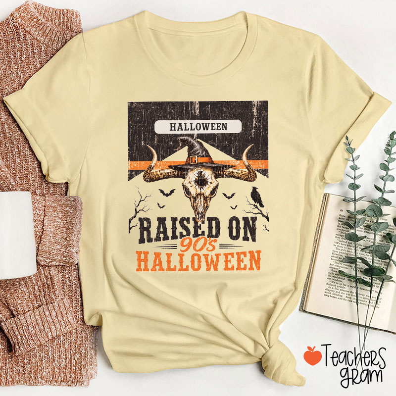 Raised On 90's Halloween Vintage Cow Skull Witch Hat Teacher T-Shirt