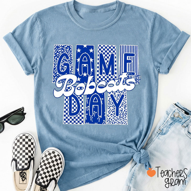Personalized Leopard Checkerboard Star Bow Mixed Pattern Game Day Teacher T-Shirt