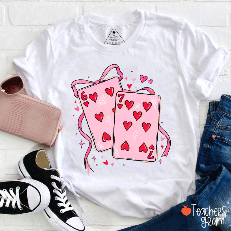 Pink Heart Cards With Numbers 6 7 Teacher T-shirt