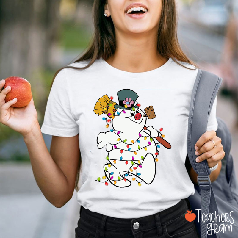 Snowman Surrounded By Christmas Lights Teacher T-Shirt