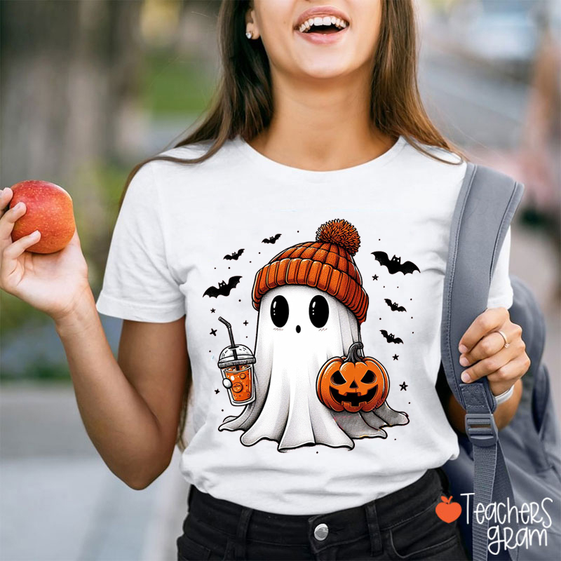 Cute Ghost Drinking Coffee Halloween Teacher T-Shirt