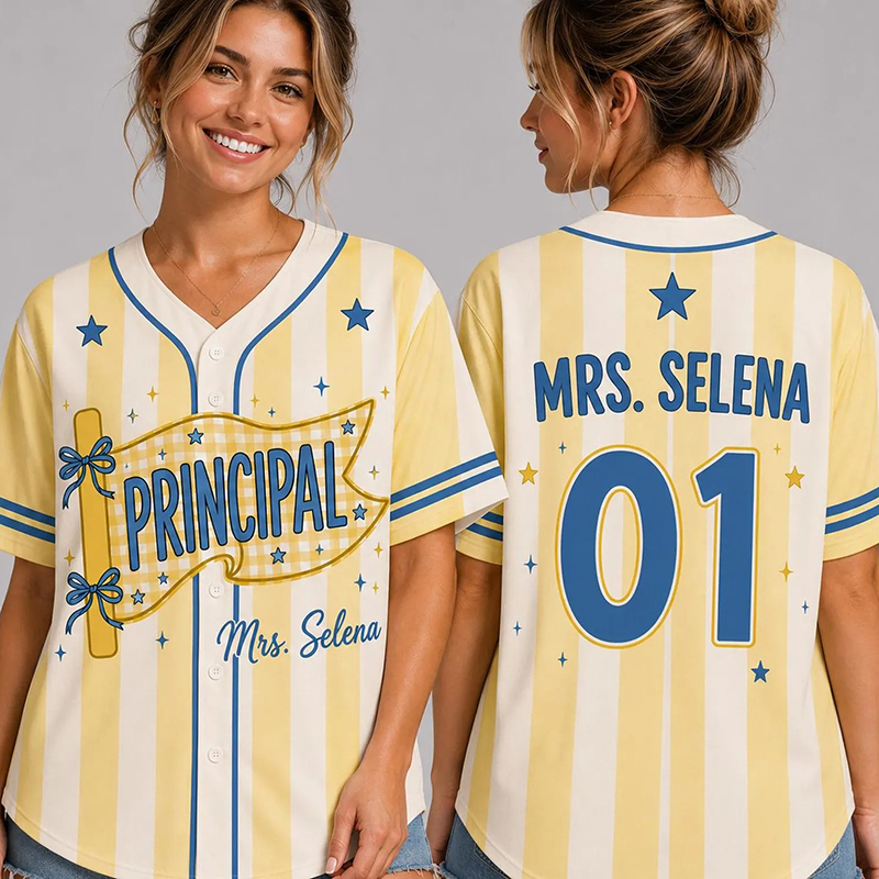 Personalized Grade And Name Gingham Pennant Teacher Baseball Jersey