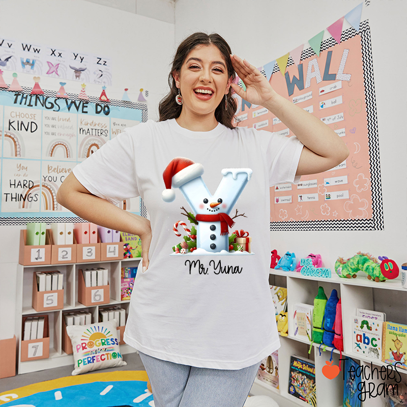 Personalized Name Snowman Alphabet Teacher T-Shirt