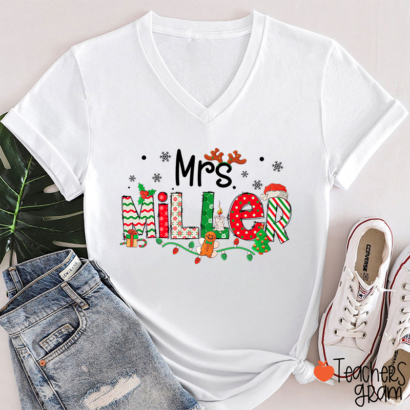 Personalized Teacher Name Christmas Teacher Female V-Neck T-Shirt