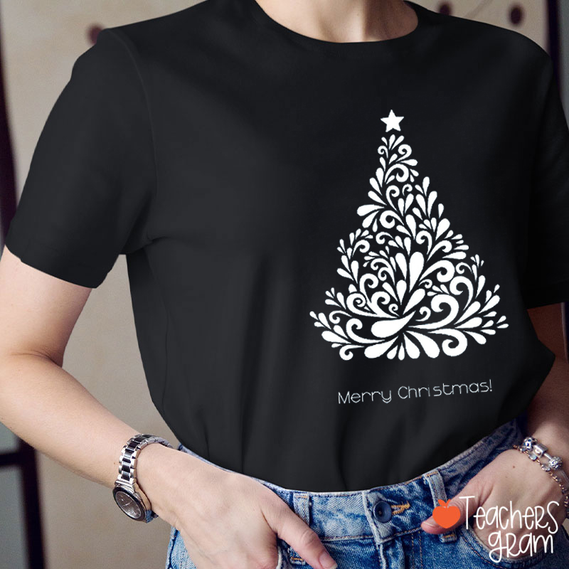 Merry Christmas Flower Pattern Christmas Tree Teacher T-Shirt