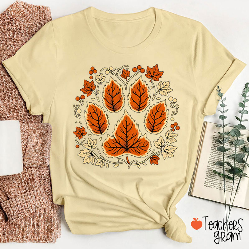 Cute Paw Leaves Fall Vibe Teacher T-Shirt