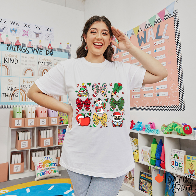 Cute Santa Snowman Pencil Bow Teacher T-Shirt