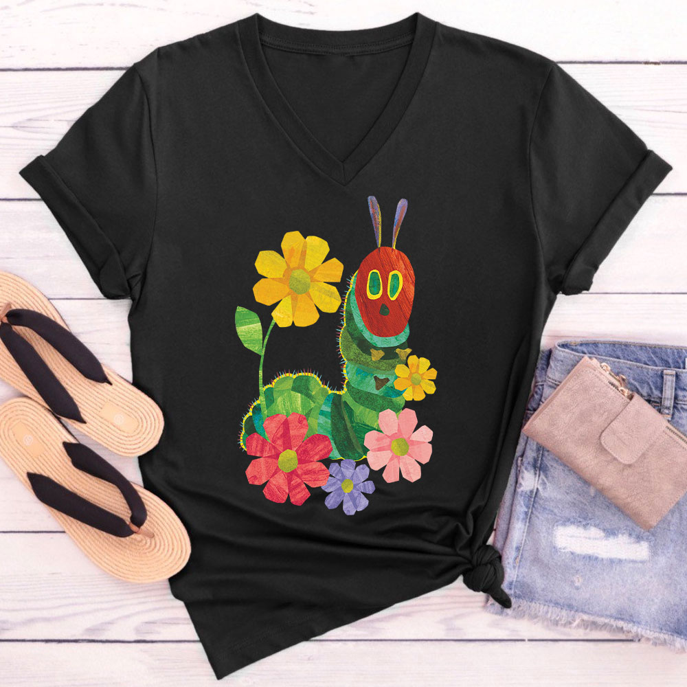 Flowers And The Very Hungry Caterpillar Teacher Female V-Neck T-Shirt
