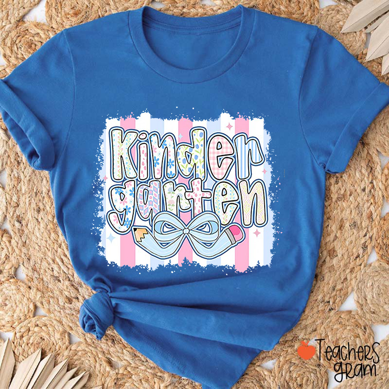 Personalized Grade Pencil Bow Blue Pattern Teacher T-Shirt