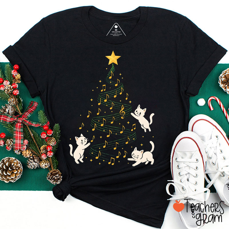 Cute Cat Music Note Christmas Tree Teacher T-Shirt