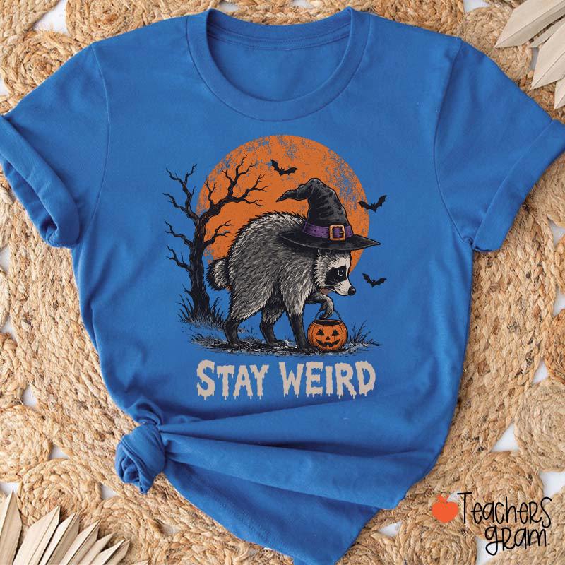 Stay Weird Halloween Raccoon Witch Hat Pumpkin Teacher T-Shirt