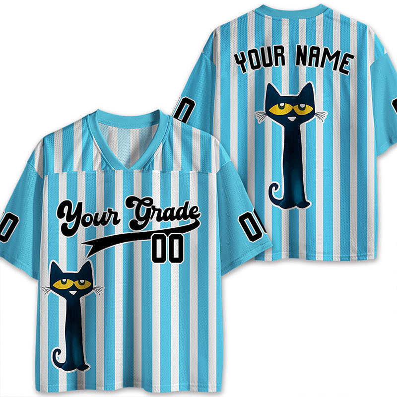 Personalized Grade And Name Blue Cat Teacher Mesh Jersey