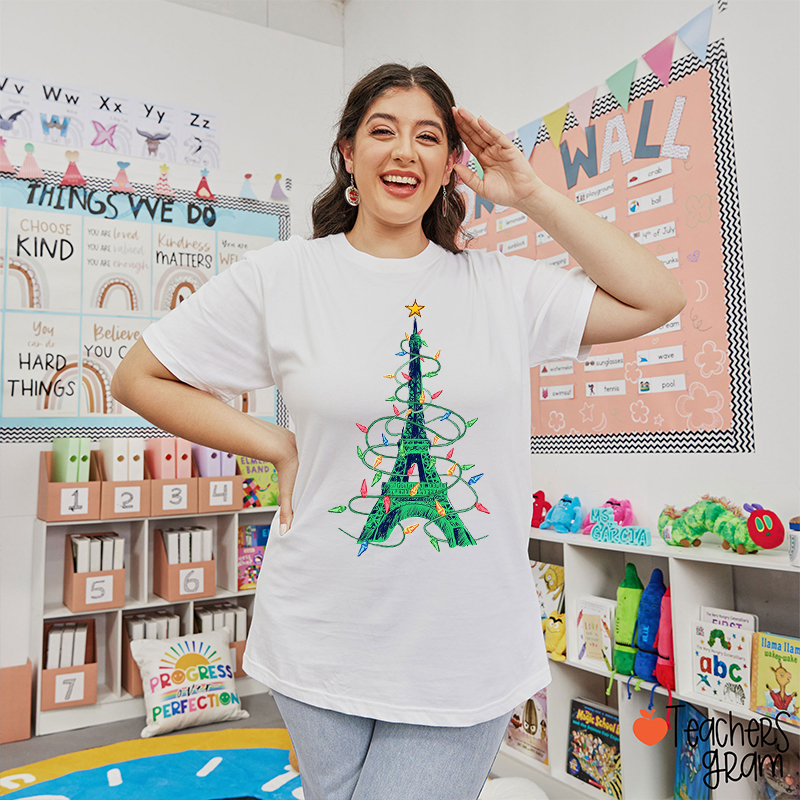 Eiffel Tower Wrapped In Christmas Lights French Teacher T-Shirt