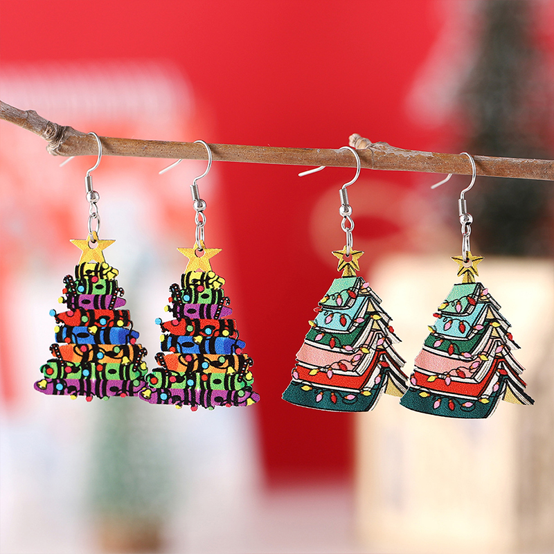 Crayon Book Christmas Tree Teacher Wooden Earrings