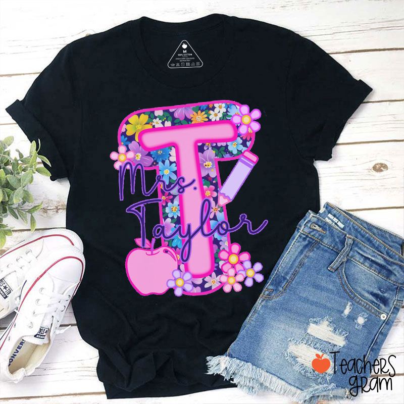 Personalized Name Pink Flowers Initials Teacher T-Shirt