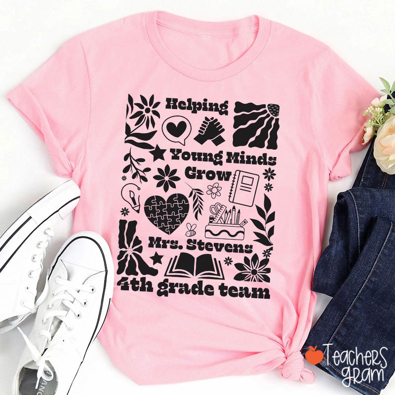 Personalized Grade Name Monochrome Sun Flower Heart Book Teacher T-Shirt
