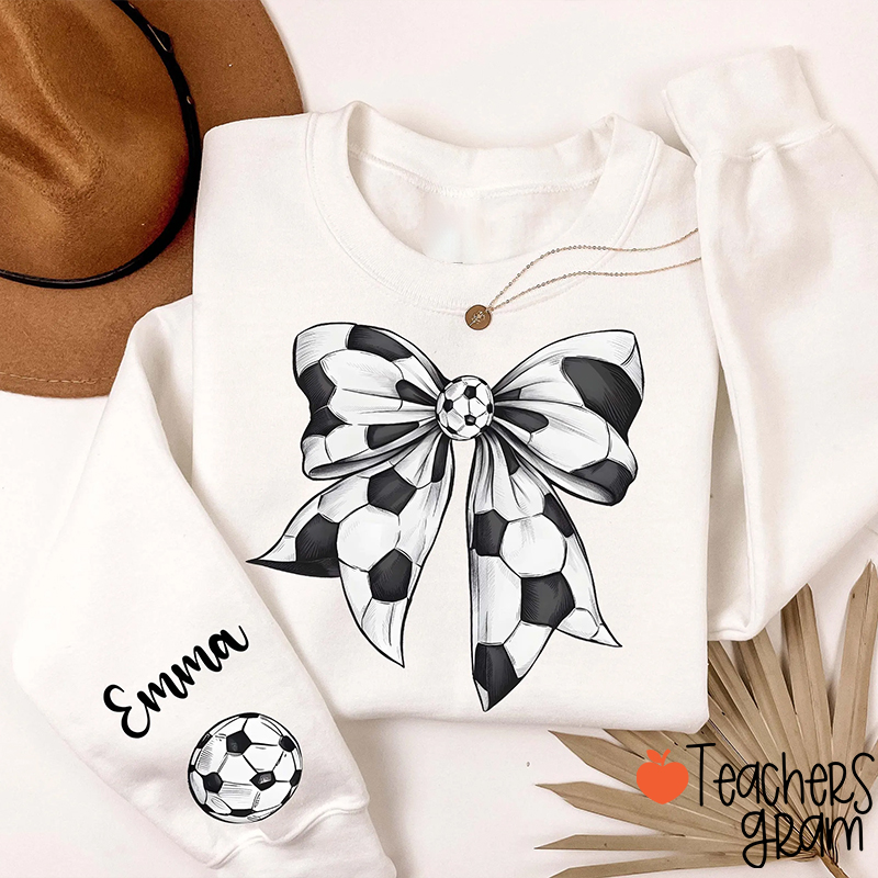 Personalized Name Soccer Bow Coquette Game Day Teacher Sleeve Print Sweatshirt