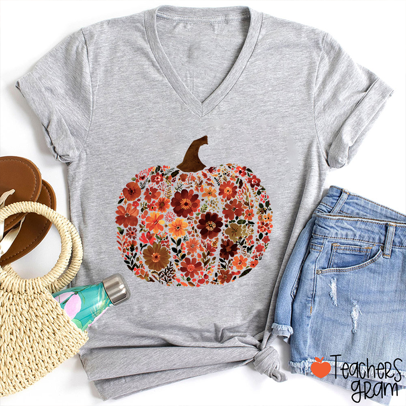 Pumpkin Orange Flowers Grass Teacher Female V-Neck T-Shirt