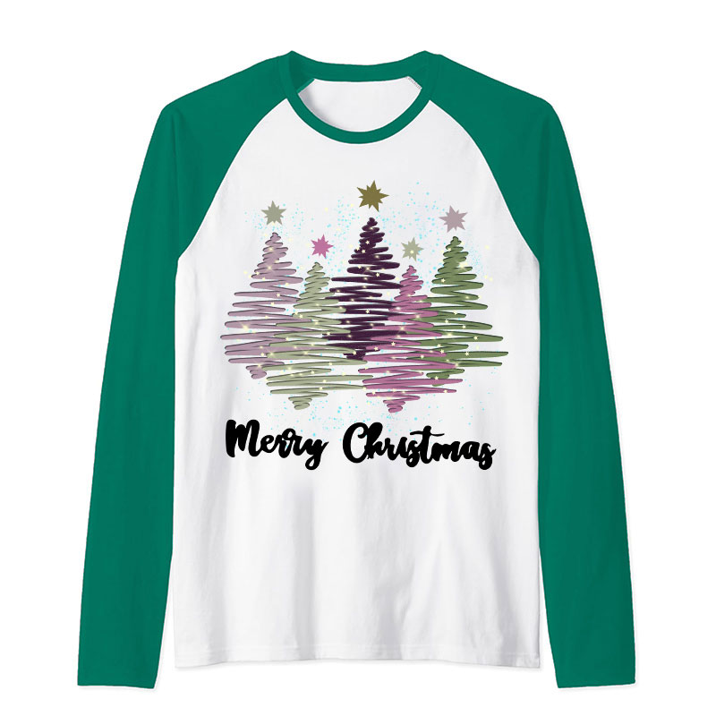 Merry Christmas Colorful Trees Teacher Raglan Long Sleeve T-Shirt