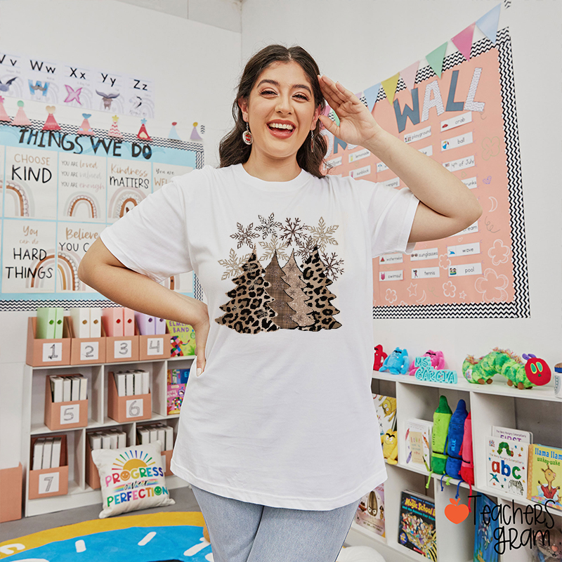 Brown Leopard Print Snowflake Christmas Tree Teacher T-Shirt