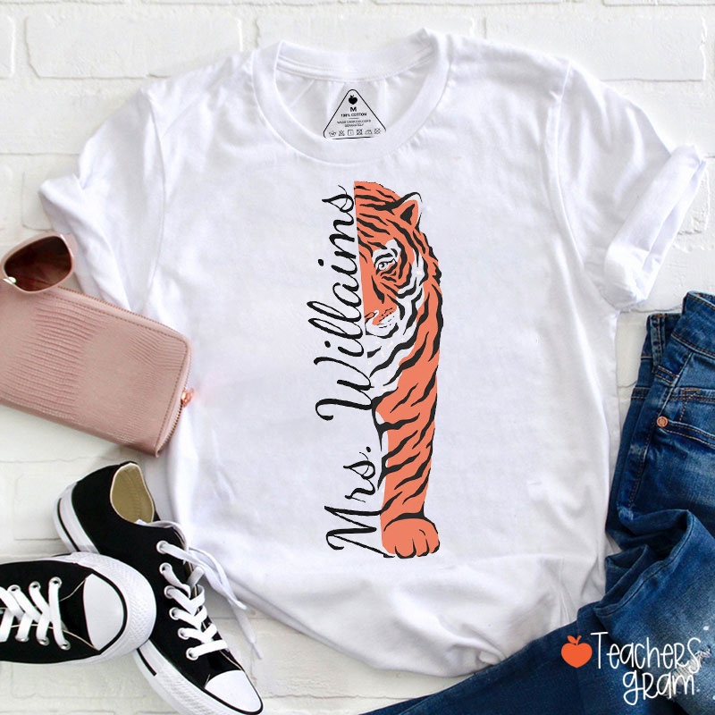 Personalized Name Vertical Tiger Mascot Teacher T-Shirt