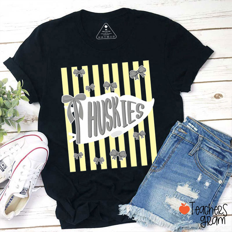 Personalized Mascot Pennant Stripes Coquette Bow Teacher T-Shirt