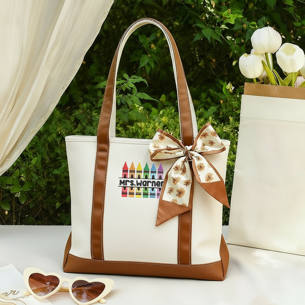 Personalized Name Colorful Crayons Teacher Canvas Tote Bag