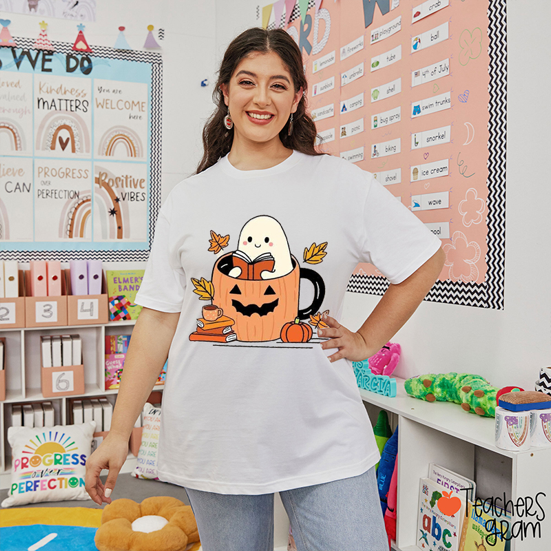 Pumpkin Water Cup Reading Ghost Teacher T-Shirt