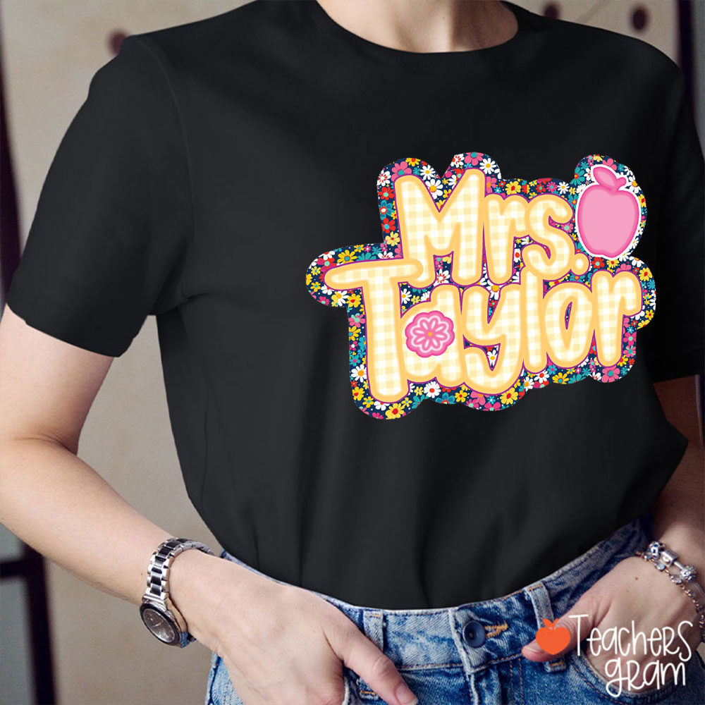 Personalized Name Floral Checkered Teacher T-Shirt