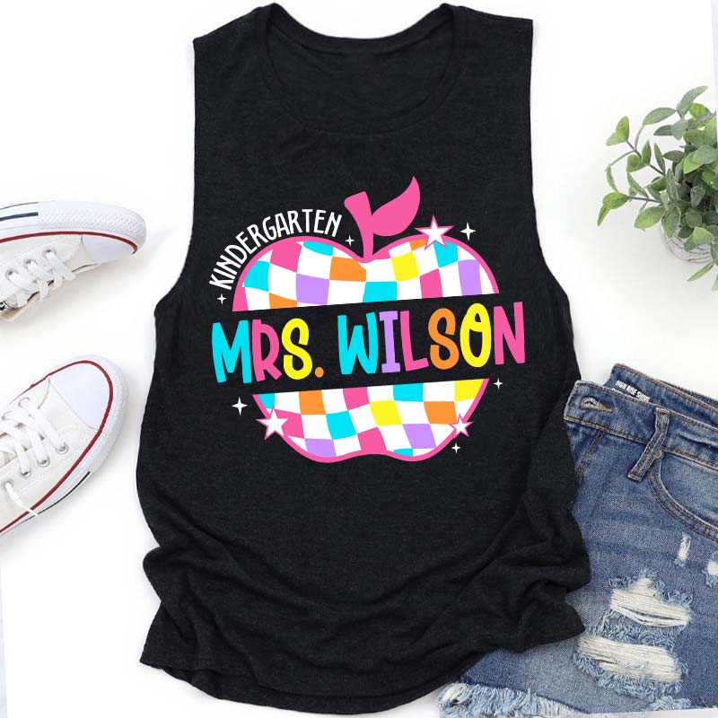 Personalized Colorful Checkerboard Hollow Apple Teacher Tank Top