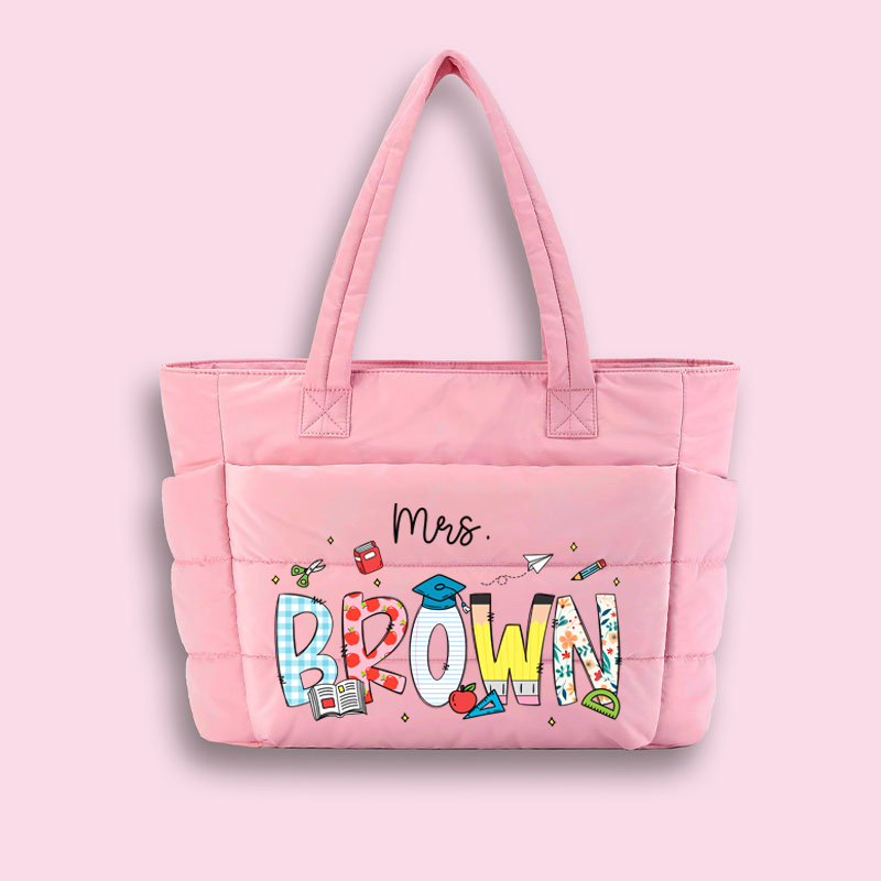 Personalized Name Cartoon Stationery Teacher Puffy Tote Bag