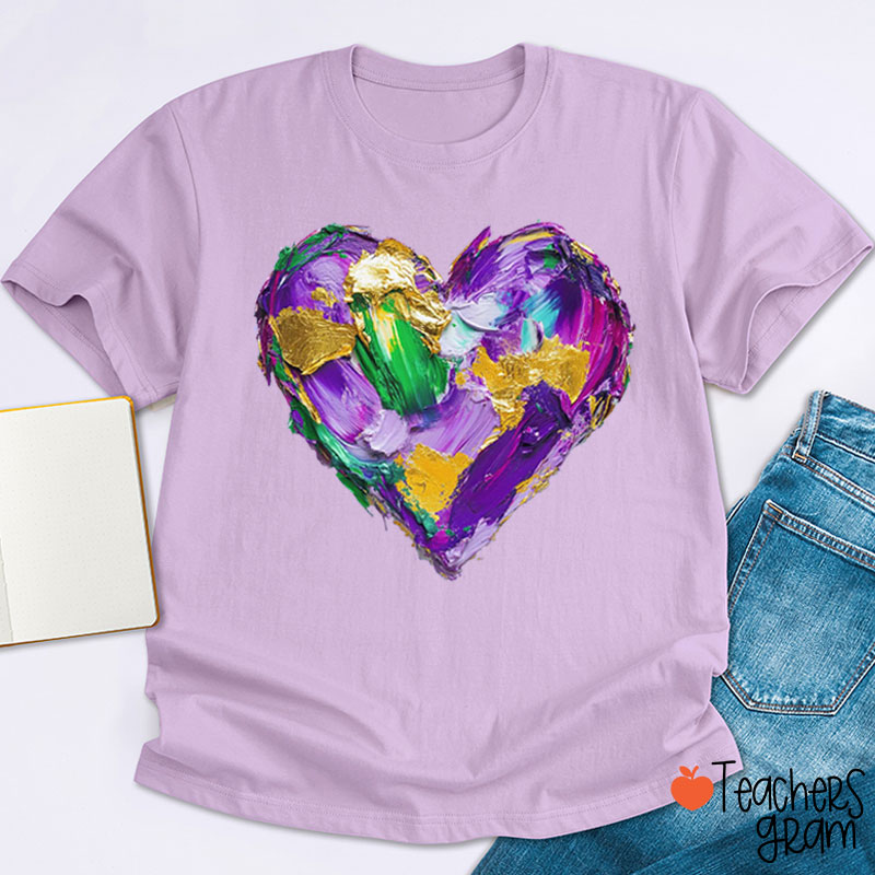 Mardi Gras Oil Painting Heart Teacher T-Shirt