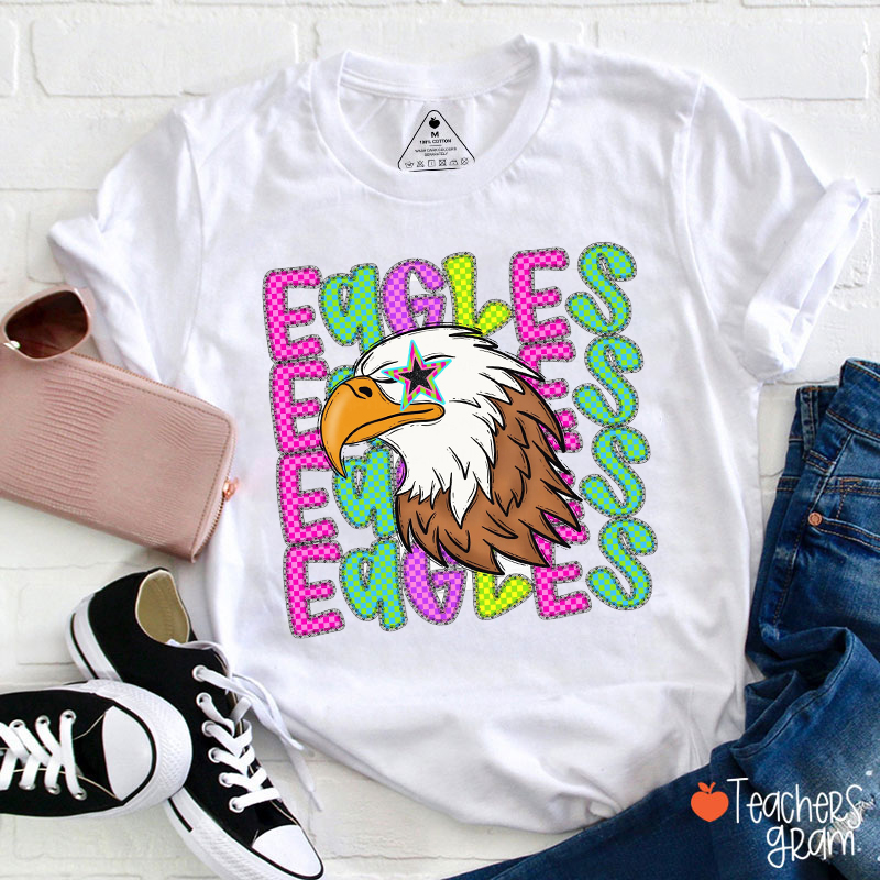 Personalized Mascot Neon Multi-Color Checkerboard Letters Teacher T-Shirt