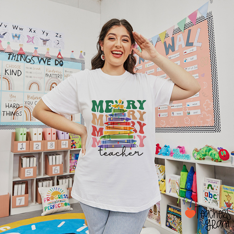Merry Pencil Christmas Tree Teacher T-Shirt