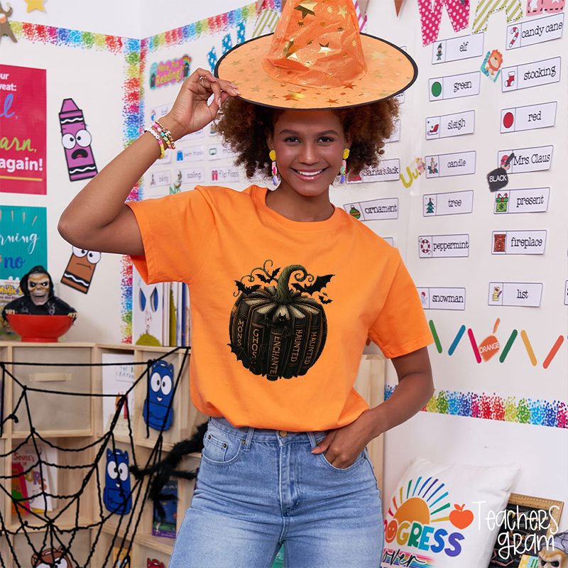 Spooky Ghost Monster Haunted Book Pumpkin Teacher T-Shirt