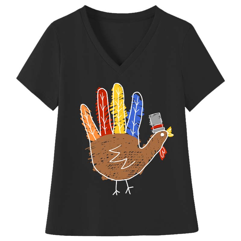 Hand Painted Turkey Teacher Female V-Neck T-Shirt