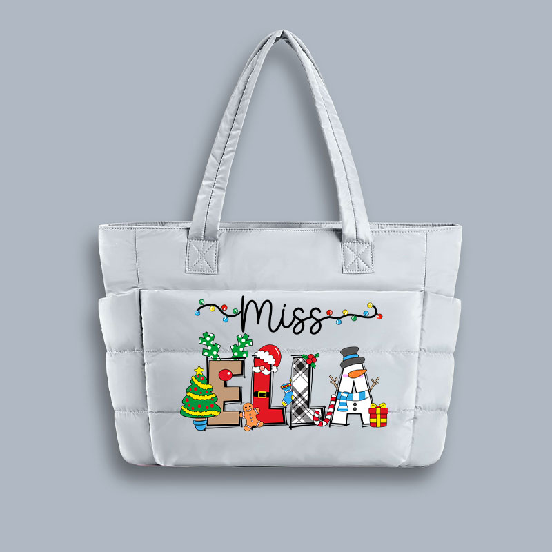 Personalized Name Cute Christmas Elements Teacher Puffy Tote Bag