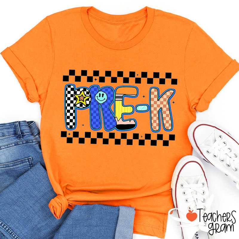 Personalized Grade Checkerboard Pencil Smiley Face Teacher T-Shirt