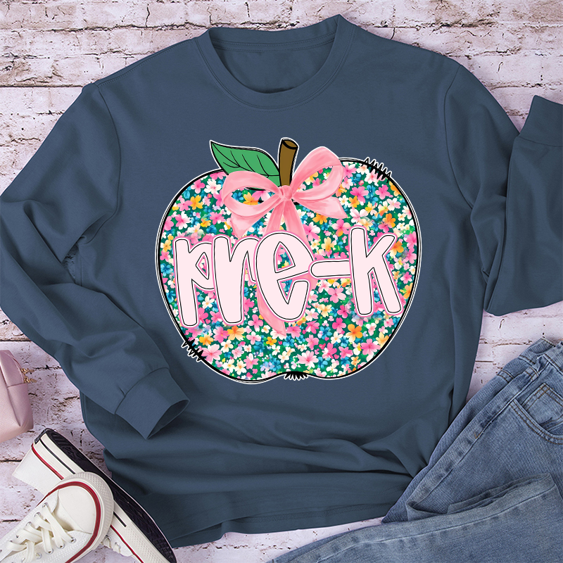 Personalized Grade Flowers Apple Teacher Long Sleeve T-Shirt