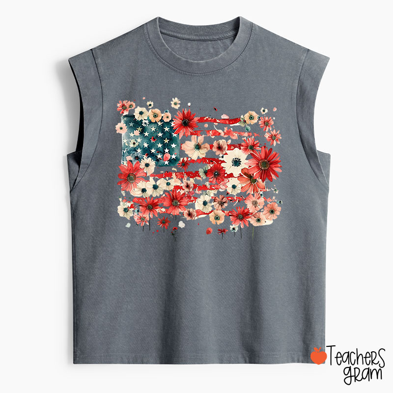 American Flag Floral Teacher Washed Tank Top