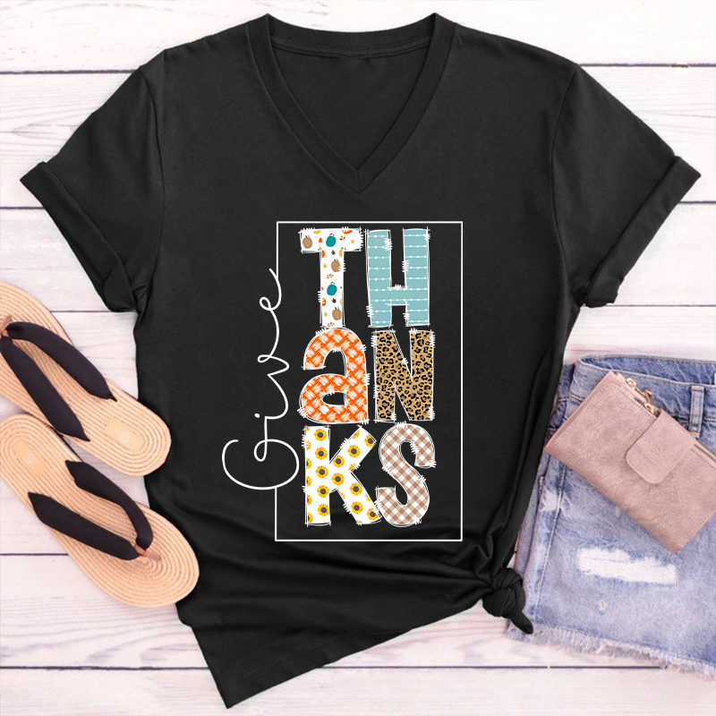 Give Thanks Teacher Female V-Neck T-Shirt