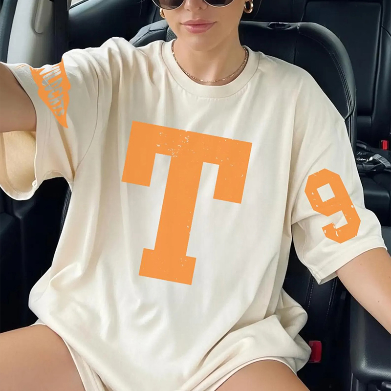 Personalized Varsity Letter Distressed Mascot Teacher Sleeve Print T-Shirt