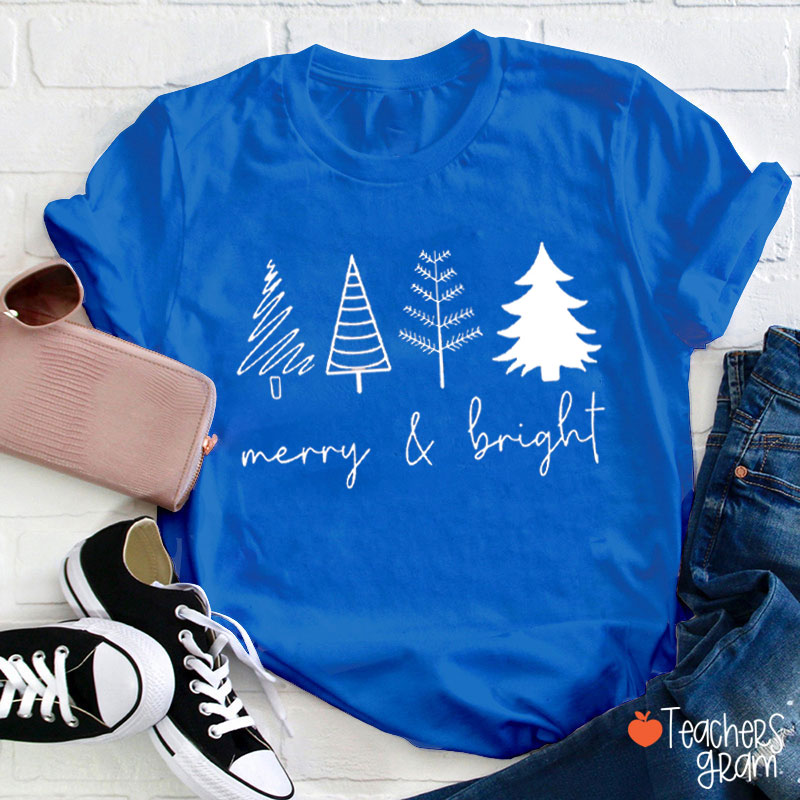Merry And Bright Christmas Tree Teacher T-Shirt