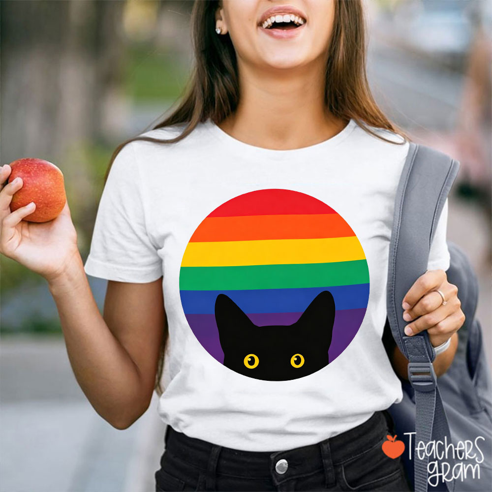 Peeking Cat In Rainbow Teacher T-Shirt