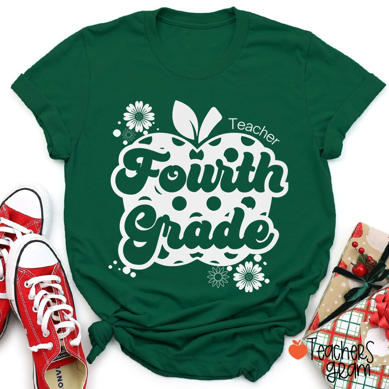 Personalized Grade Apple Flower Polka Dot Monochrome Teacher T-Shirt