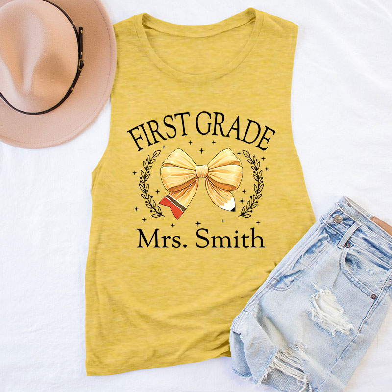 Personalized Name And Grade Bow Teacher Tank Top