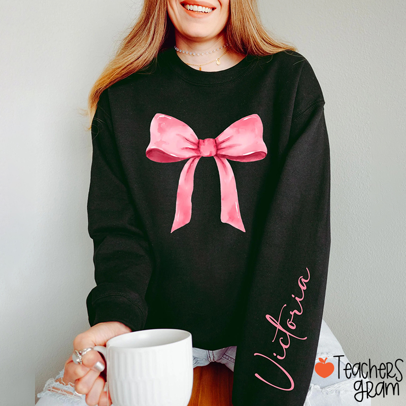 Personalized Name Coquette Bow Valentines Teacher Sleeve Print Sweatshirt