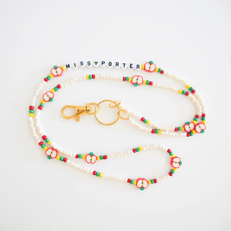 Personalized Beaded Beige And Apple Teacher Lanyard